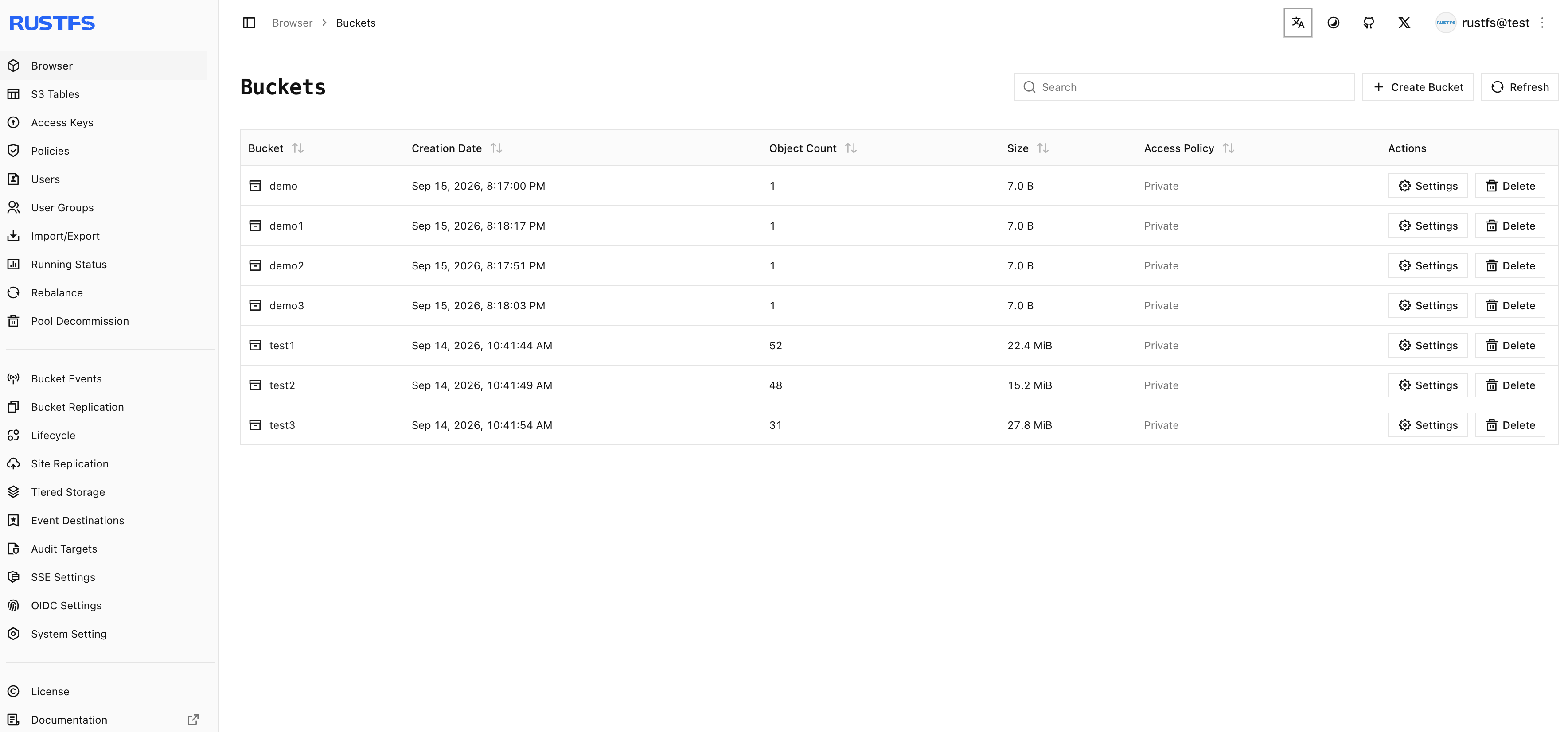 RustFS web console showing the bucket management page after a fresh 1.0.0 GA installation