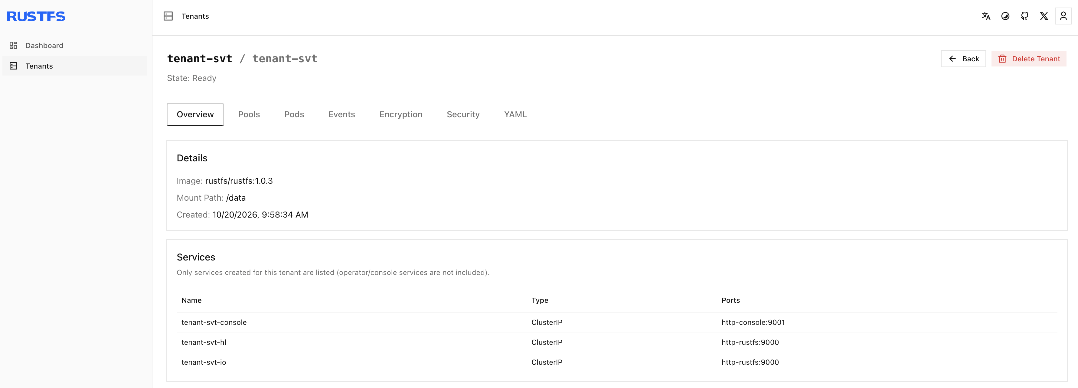 tenant-svt listed in the Operator console after the Helm install